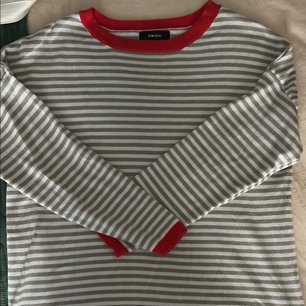 Gray and White Striped Crew Neck Sweater
